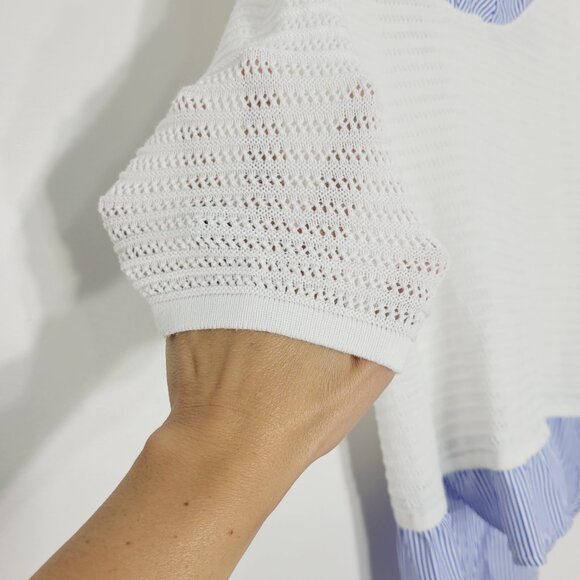 San Francisco White Crocheted Blue Striped Blouse 3/4 Sleeve Cotton Blend Sz XS - Picture 3 of 9